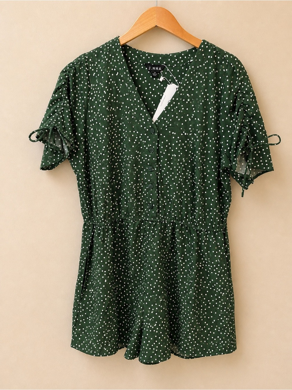 J.NNA Green Polka Dot Romper Medium Flutter Sleeve Button Front Boho Summer